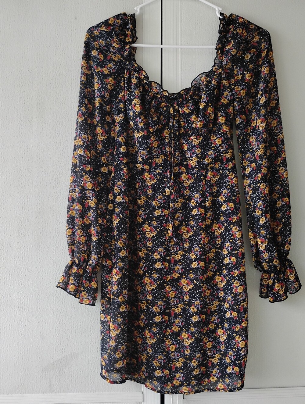 Floral Long-Sleeve Black Mini Dress